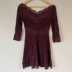 Free People Burgundy Lace Inset Dress Long Sleeve size X-Small